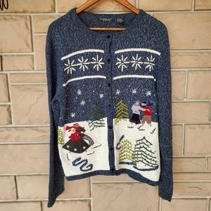 Christmas Cardigan Blue with Skating Scene by Reference Point